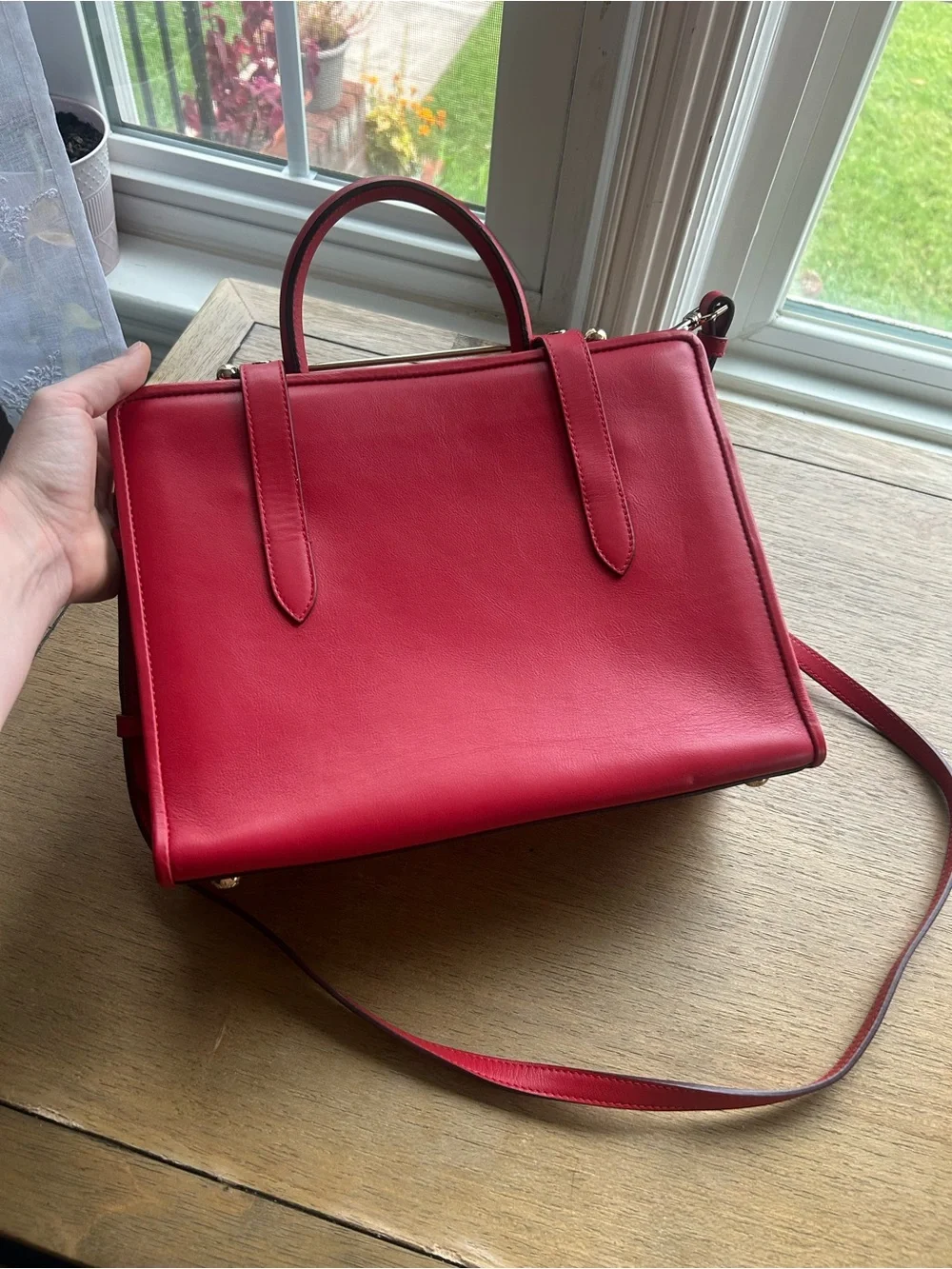 Strathberry Midi Tote Red Leather with Gold Accents